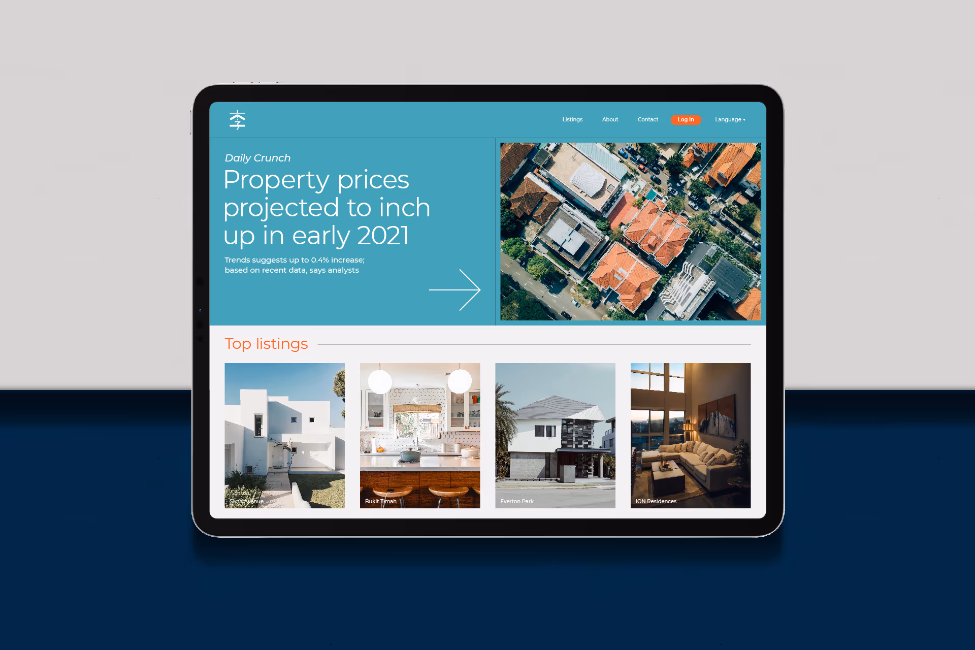 Tablet displaying a real estate website with headline about property prices rising in early 2021 and images of top property listings.