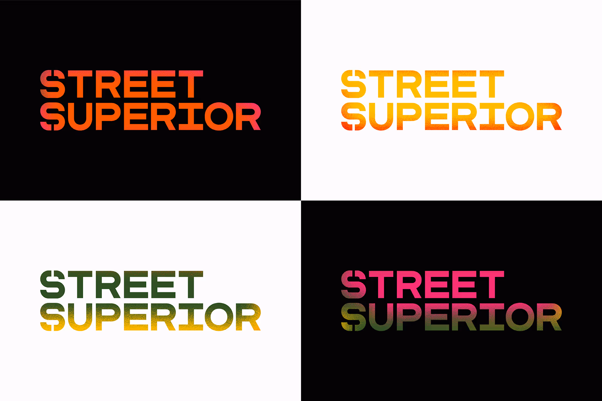 Four variations of the text 'STREET SUPERIOR' in bold uppercase letters with gradient colors on contrasting black and white backgrounds.