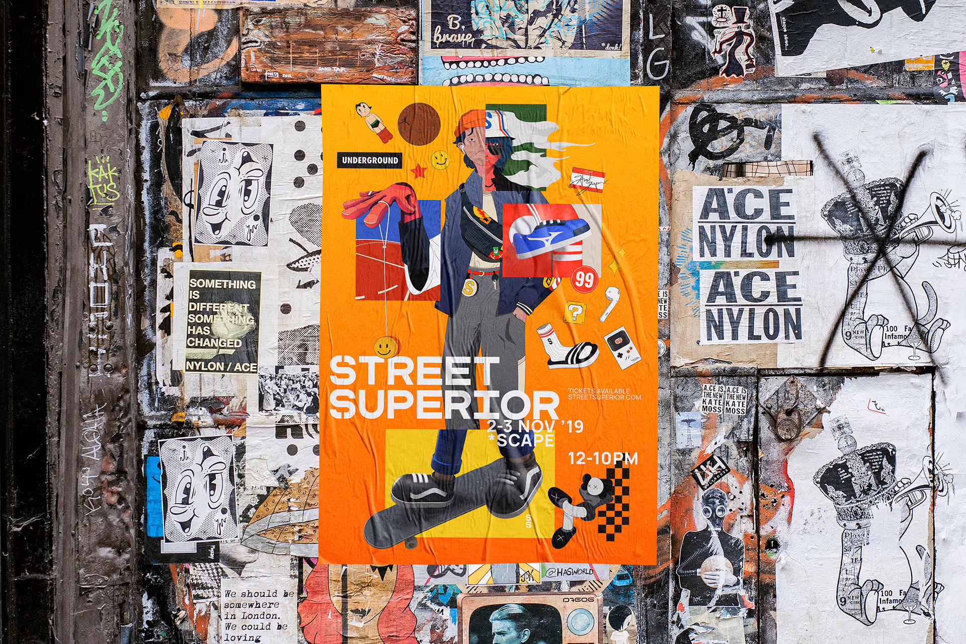 A vibrant orange poster on a graffiti-covered wall promoting the Street Superior event from November 2-3, 2019, featuring a stylized illustration of a person on a skateboard surrounded by various icons and text.