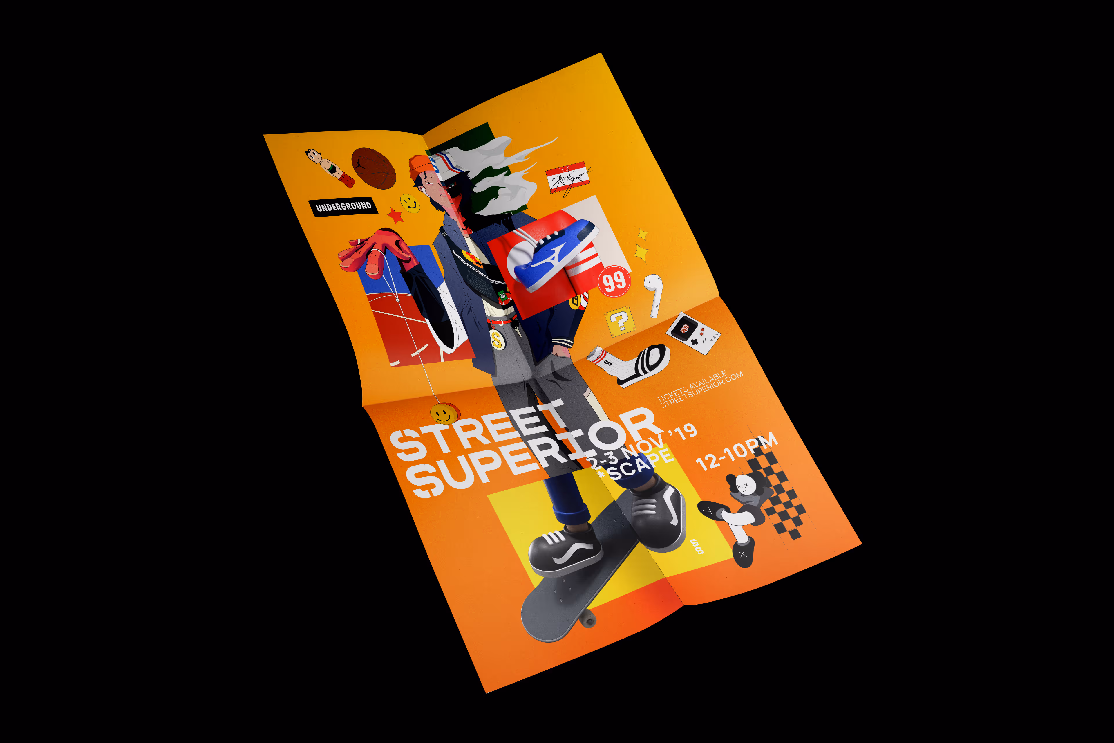 Orange poster featuring a stylized illustration of a person on a skateboard surrounded by various street culture icons and text for the Street Superior event dated 2-3 Nov '19 at Escape.