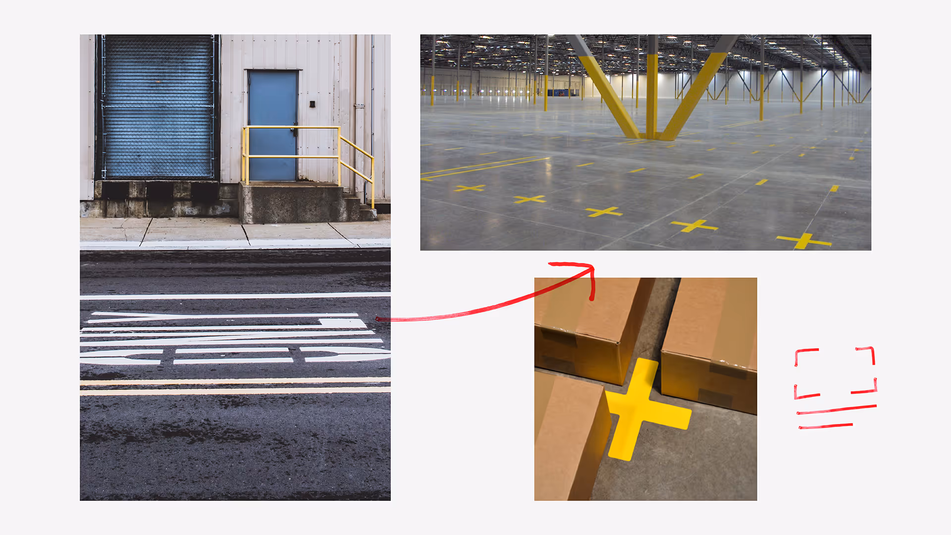 Collage showing a warehouse exterior with a blue loading door, an empty warehouse interior with yellow floor markings, and close-up of boxes near yellow cross floor tape.