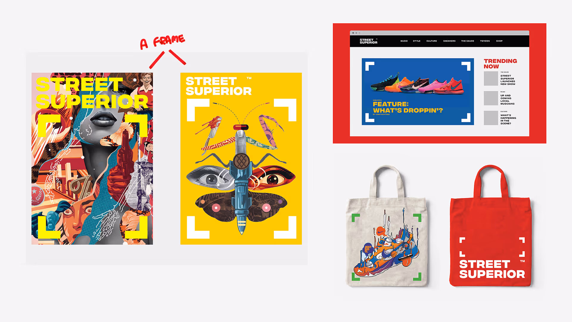 Collage of Street Superior branded art and merchandise, including two colorful posters, a website screenshot displaying sneakers, and two tote bags with artistic designs.