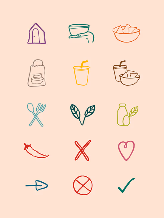 Grid of colorful line-drawn icons including a house, hand holding a bowl, bowl of chips, takeout bag with bowls, drink cups, utensils, leaves, bottle with fruit, chili pepper, crosses, a heart, and check marks on a light peach background.