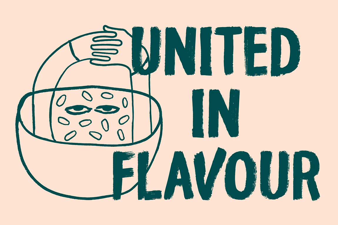 Illustration of a hand holding a patterned bread slice inside a bowl with text saying 'United in Flavour'.