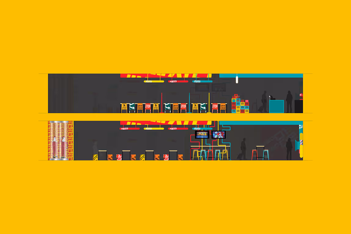 Concept design of a two-level modern fast food or snack bar with game area and seating, featuring bright yellow, red, and teal accents against dark walls.