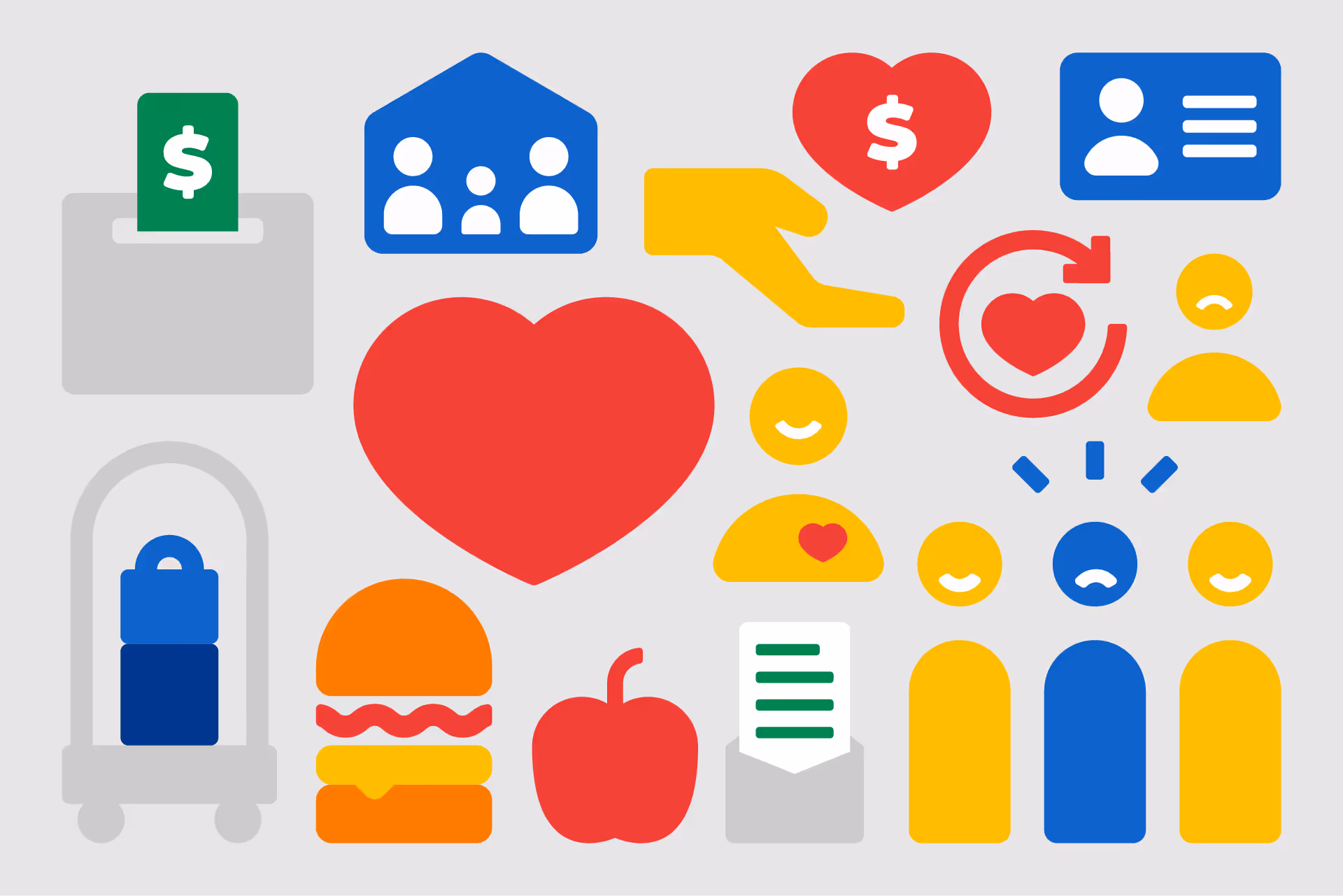 Colorful icons representing money, family, love, help, security, food, health, communication, and emotions on a gray background.