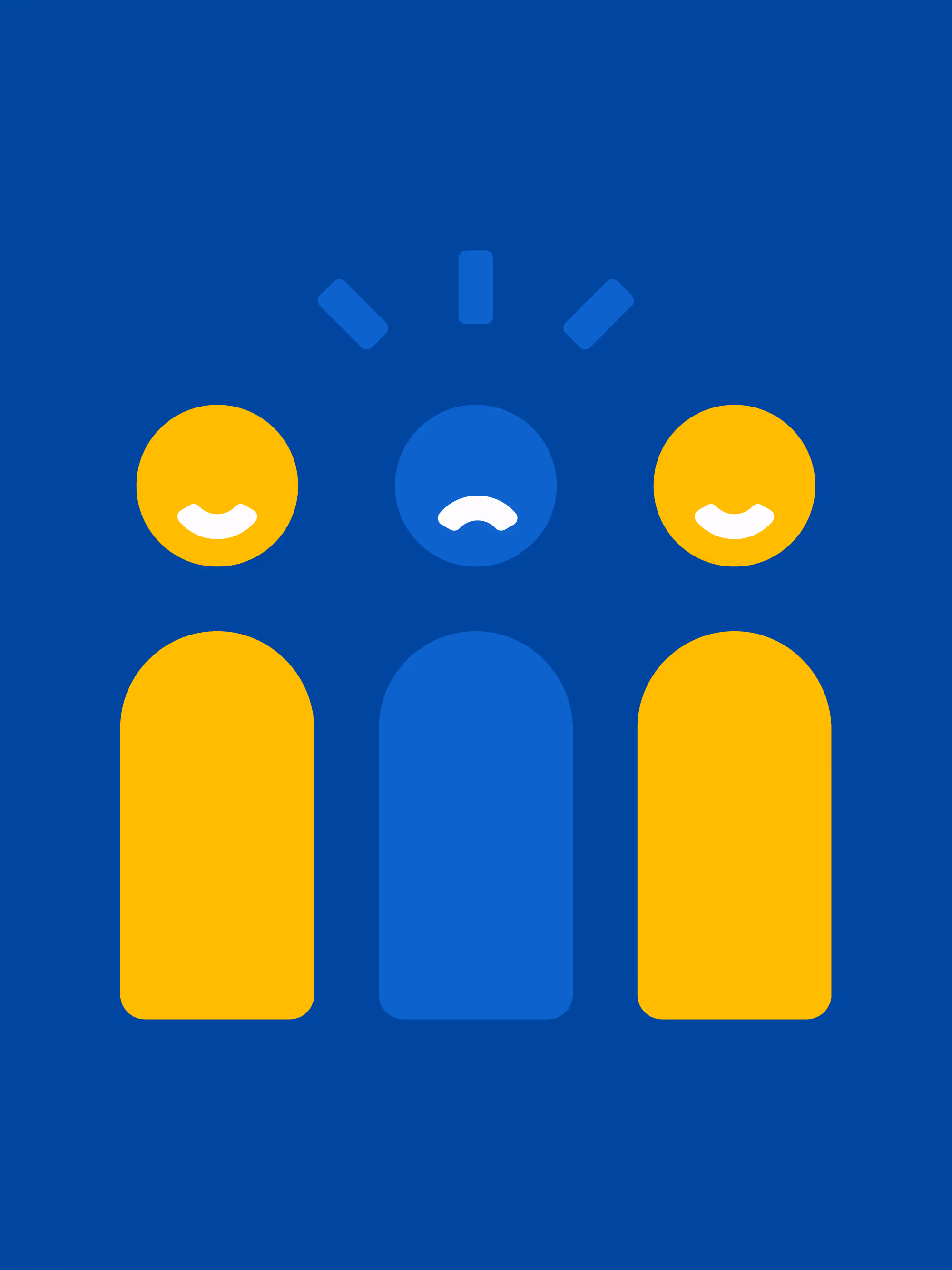 Three stylized human figures on blue background with two yellow figures smiling and one blue figure frowning with three blue lines above it.