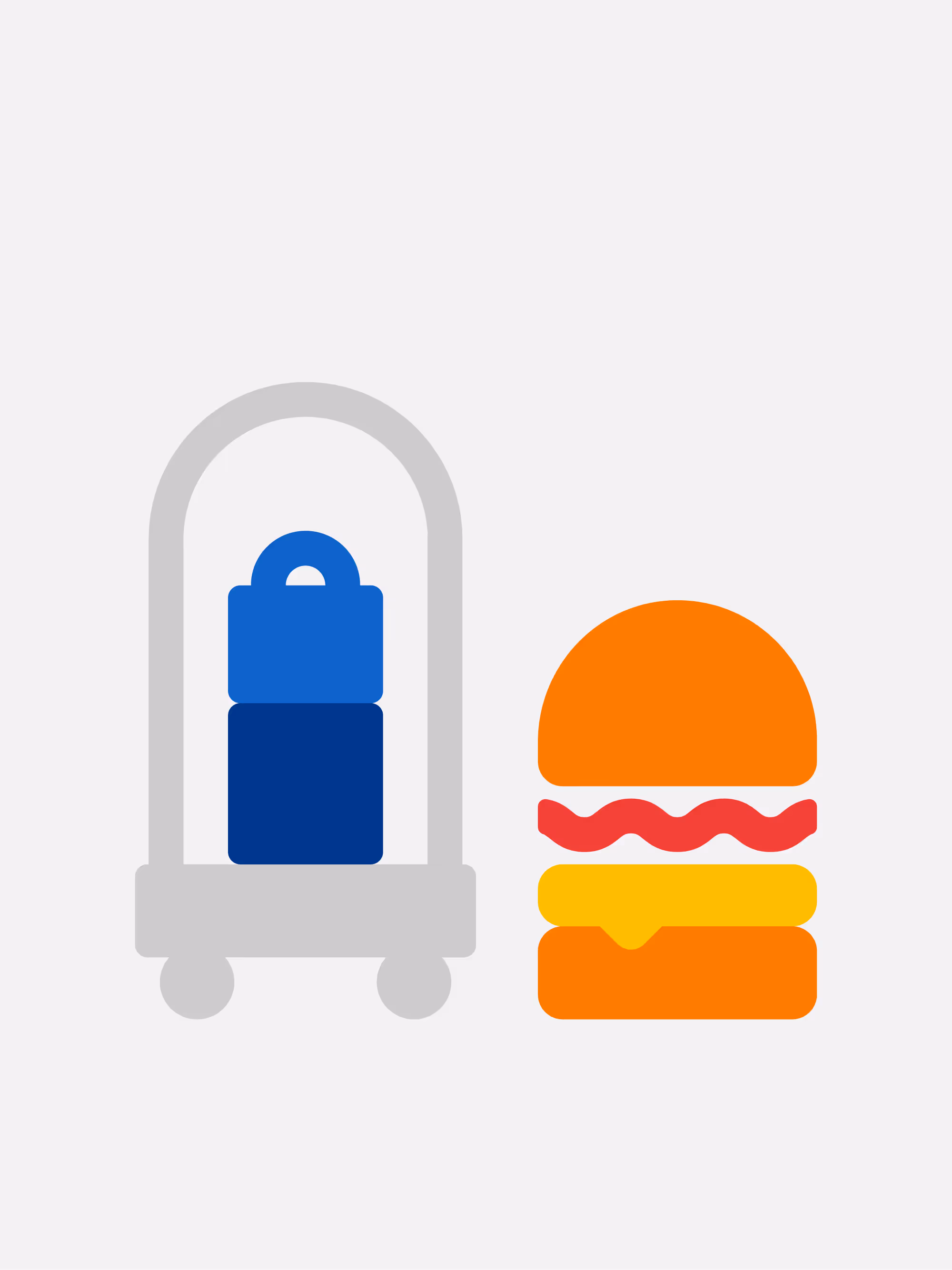 Illustration of a blue luggage cart with two bags beside a minimalist cheeseburger icon.