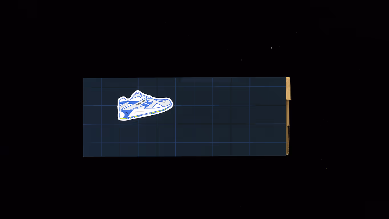 Rectangular dark blue box with grid lines and a white and blue sneaker illustration on the left side.