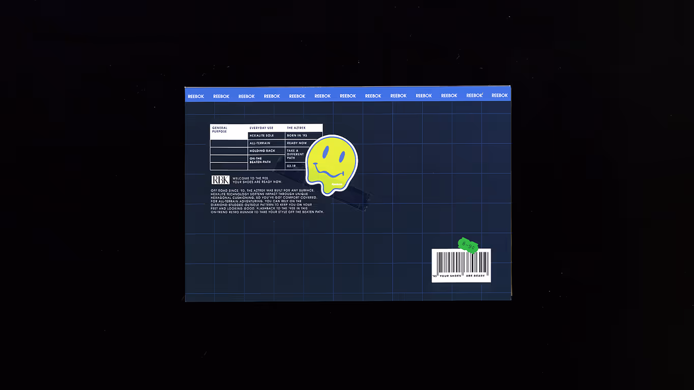 Dark blue box bottom featuring a grid pattern, multiple Reebok logos along the top edge, a barcode with a green sticker, a chart detailing shoe purposes, and a yellow wavy smiley face sticker.