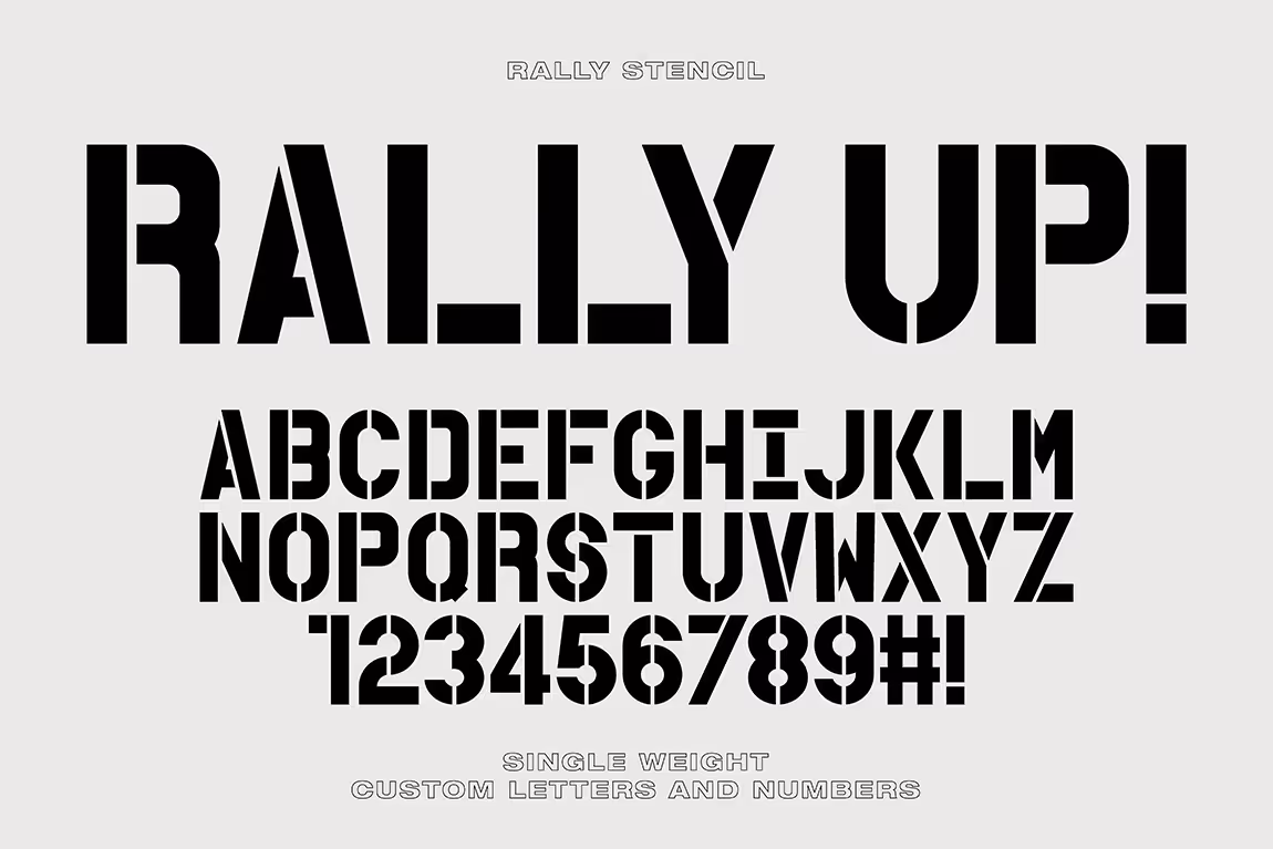 Black stencil-style uppercase alphabet, numbers, and symbols on light background labeled Rally Stencil with phrase RALLY UP!