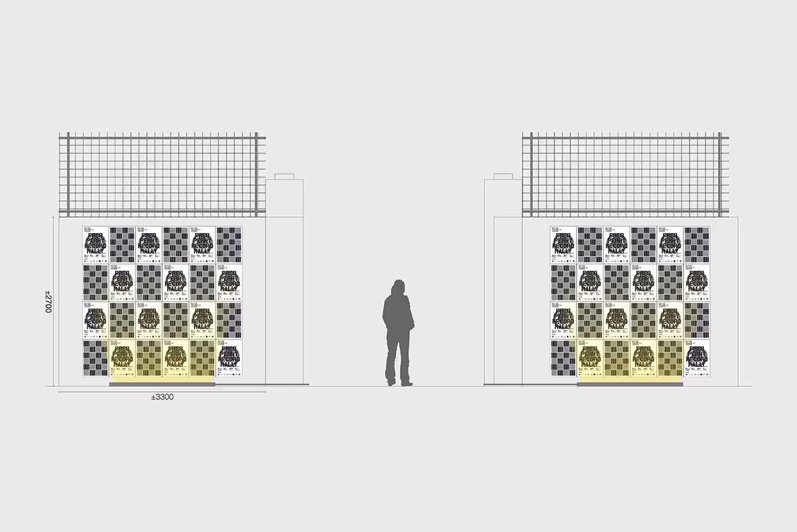 Architectural elevation showing two side-by-side billboard structures each with multiple poster grids and a silhouette of a person standing in the center for scale.