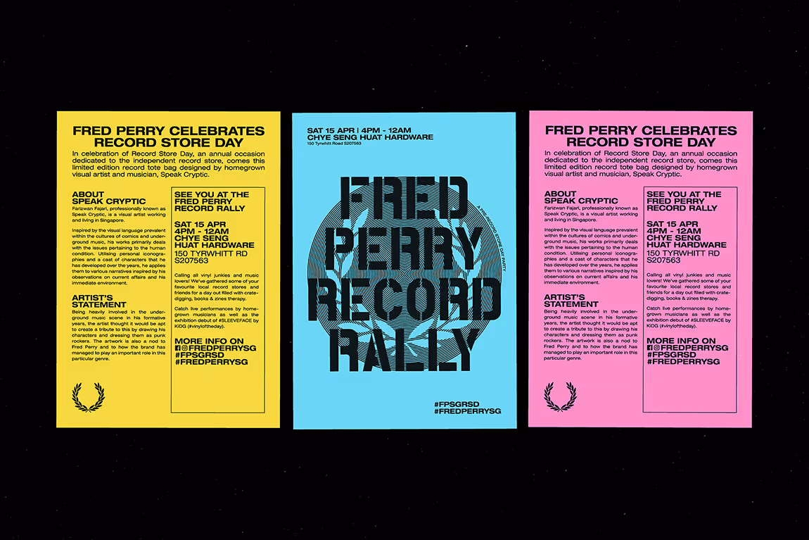 Three colorful posters for Fred Perry Record Store Day event with event details and artist statement on yellow and pink, and event title in bold black on blue.