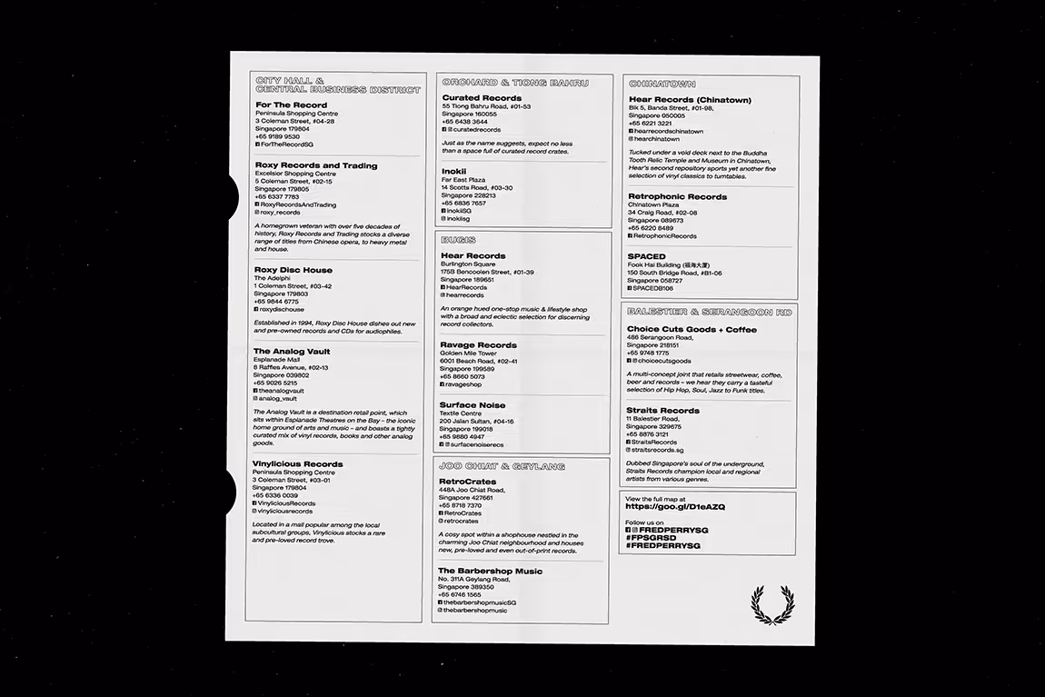 Printed black-and-white list of record stores and music shops in Singapore, organized by district, with contact info and brief descriptions.