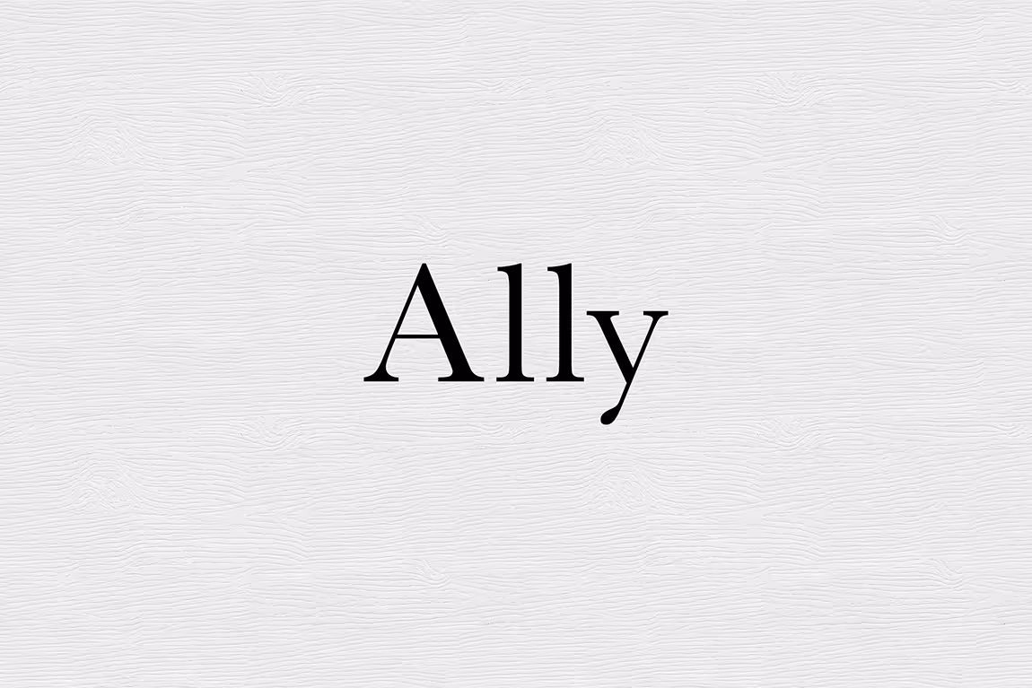 The word 'Ally' in black serif font centered on a light textured background.