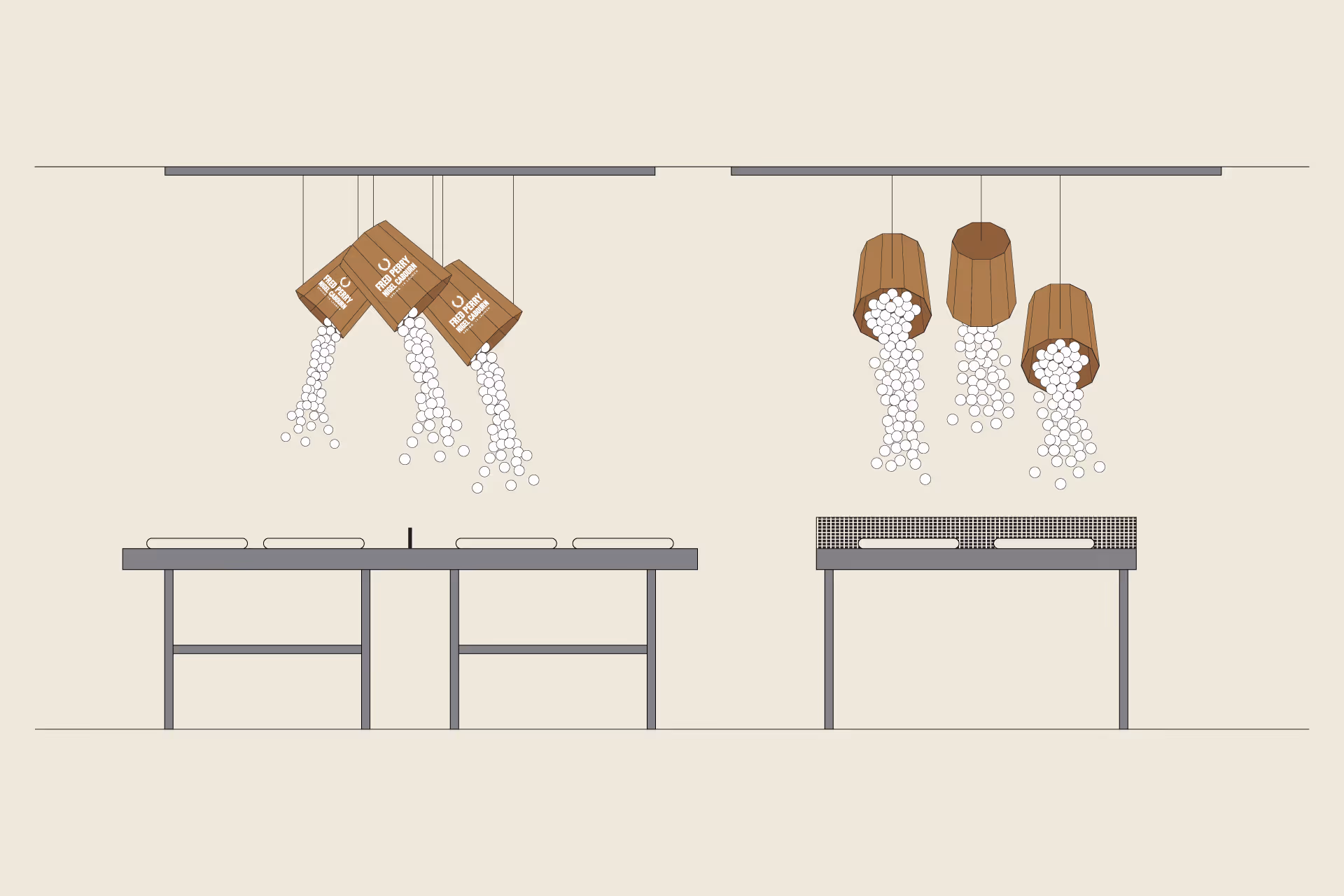 Illustration of two table tennis setups with wooden bucket-shaped pendant lights above spilling white balls onto the tables.