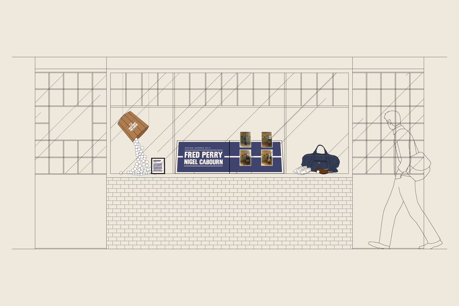 Store window display showcasing Fred Perry Nigel Cabourn collection with a spilled box of white balls, outfit photos, a navy bag, white sneakers, and a duck decoy.