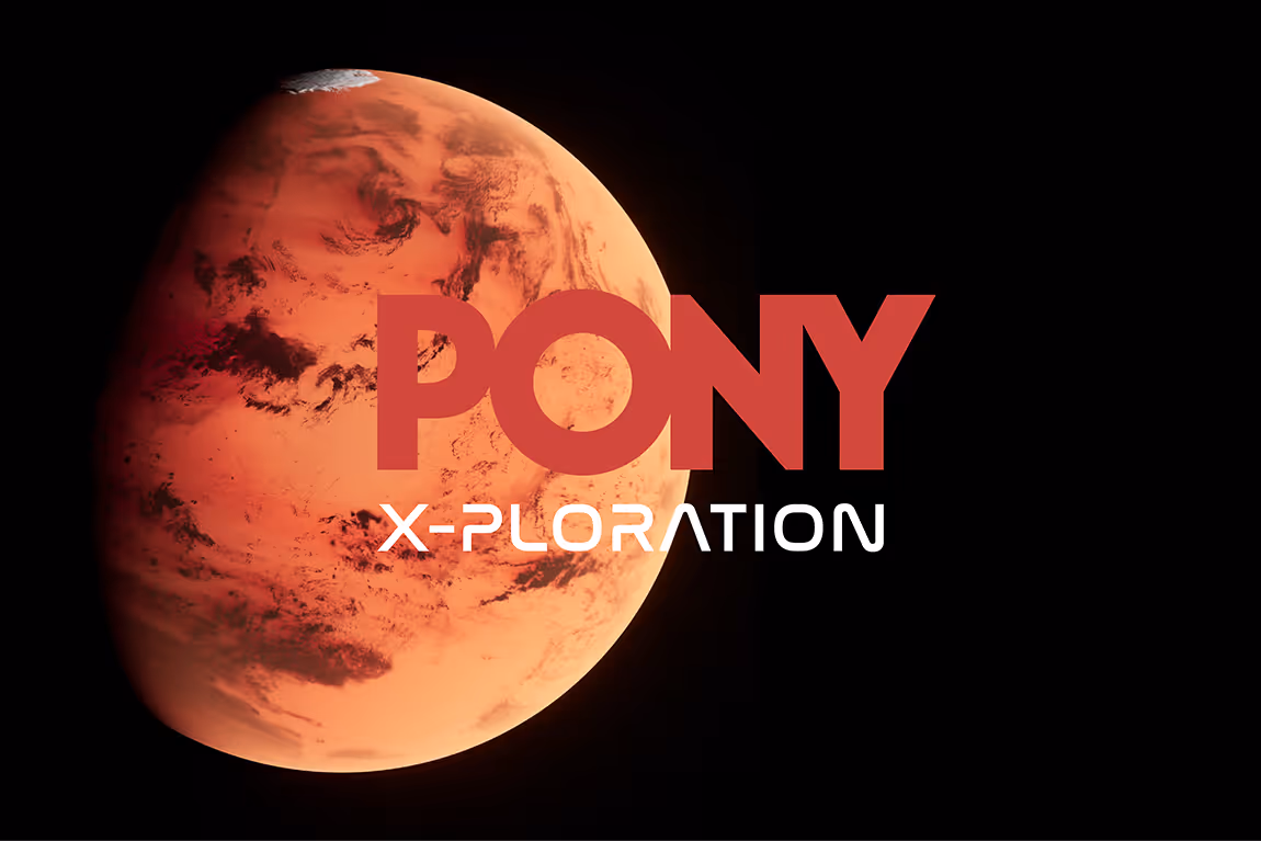 Red-orange planet resembling Mars against black space with 'PONY X-PLORATION' text overlay.