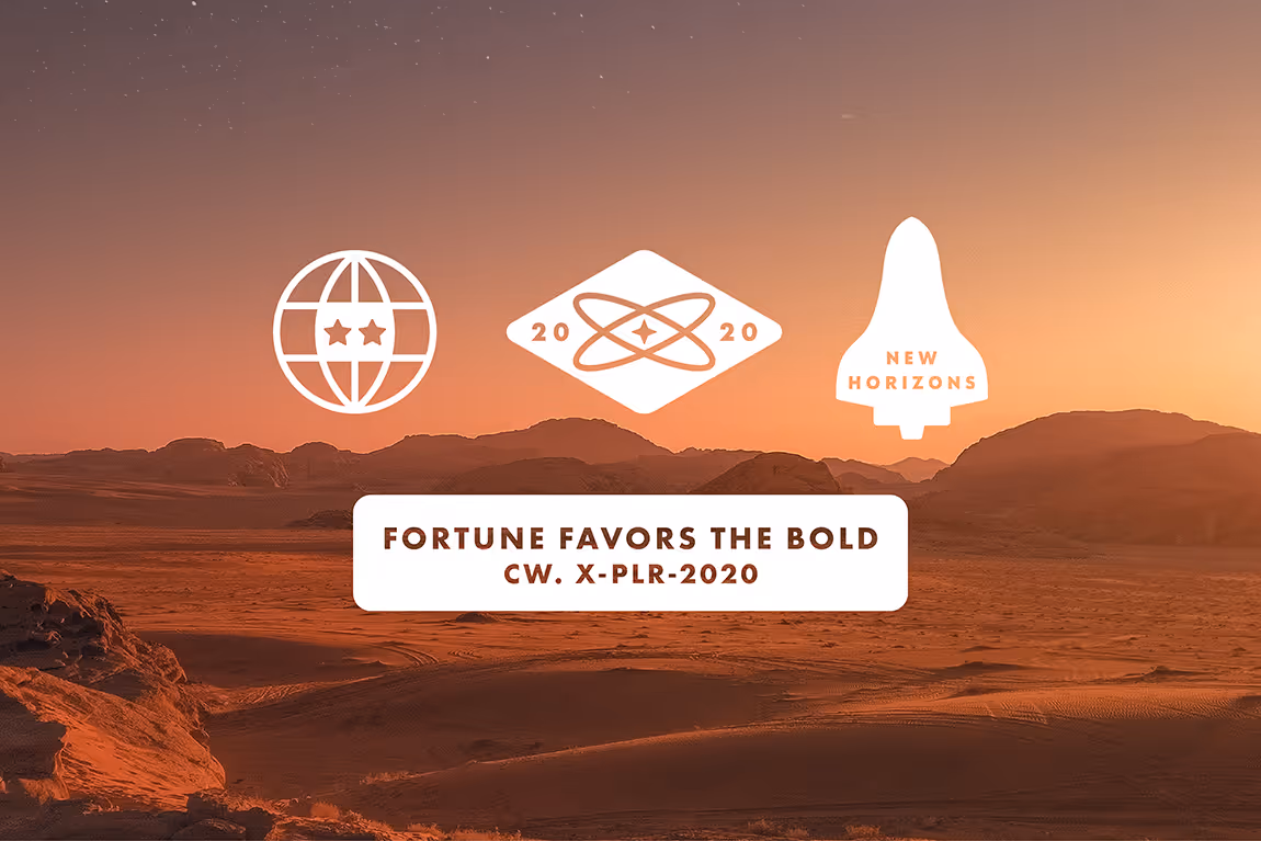 Desert landscape at sunset with three white space-themed logos above a text box reading 'Fortune Favors the Bold CW. X-PLR-2020'.
