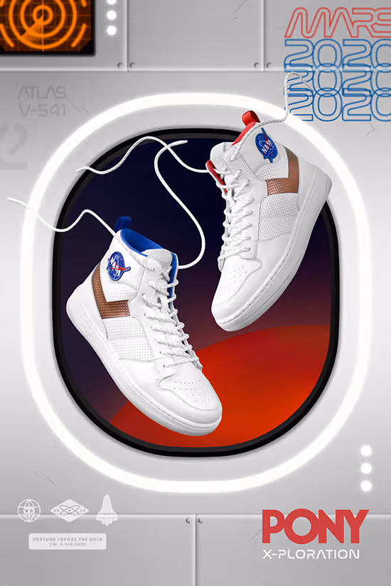 White high-top sneakers with NASA logos, floating in a space shuttle window with Mars 2020 and PONY X-Ploration branding.