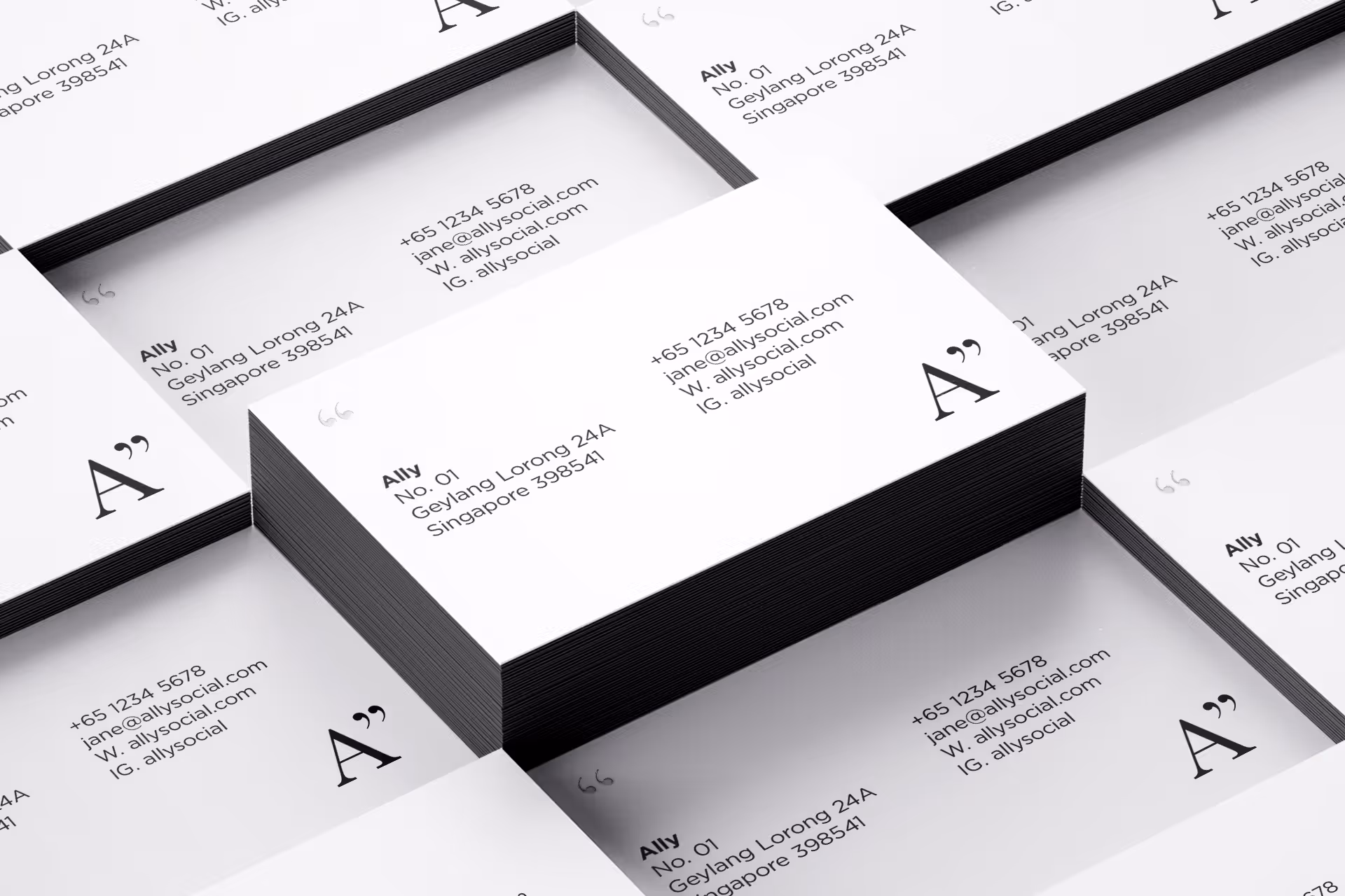 Stack of minimalist business cards with contact details for Ally, including address, phone number, email, website, and Instagram.