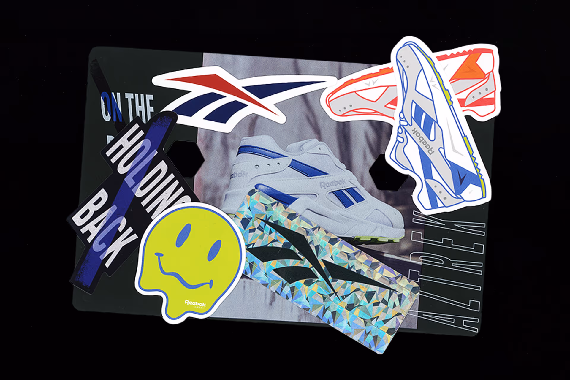 Collage featuring Reebok Aztrek sneakers, Reebok logos, a neon green melting smiley face, and text reading 'ON THE HOLDING BACK ALTHEN'.
