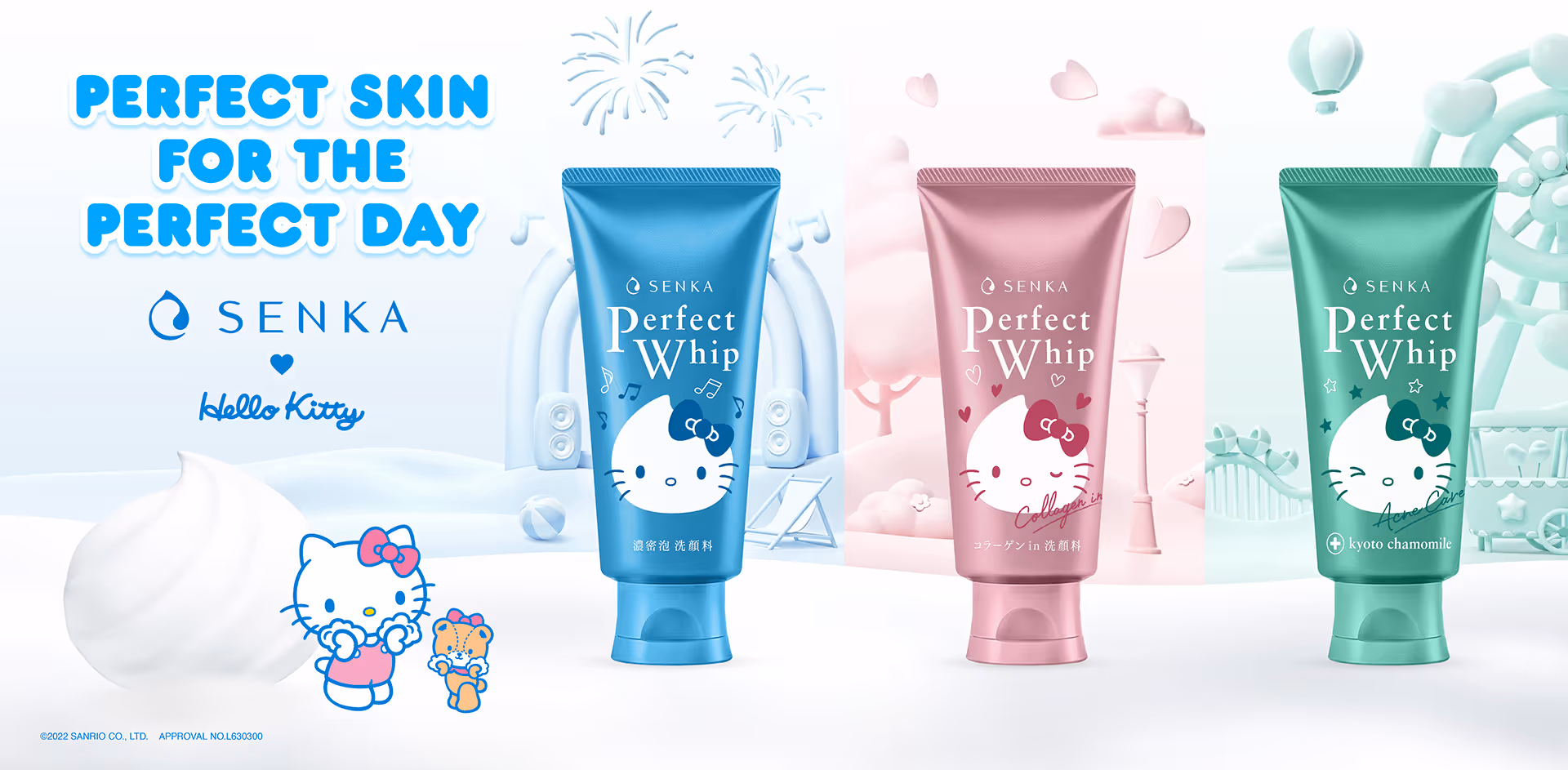 Three tubes of Senka Perfect Whip facial cleanser in blue, pink, and green, each featuring a Hello Kitty design, with foam, cartoon characters, and pastel backgrounds.