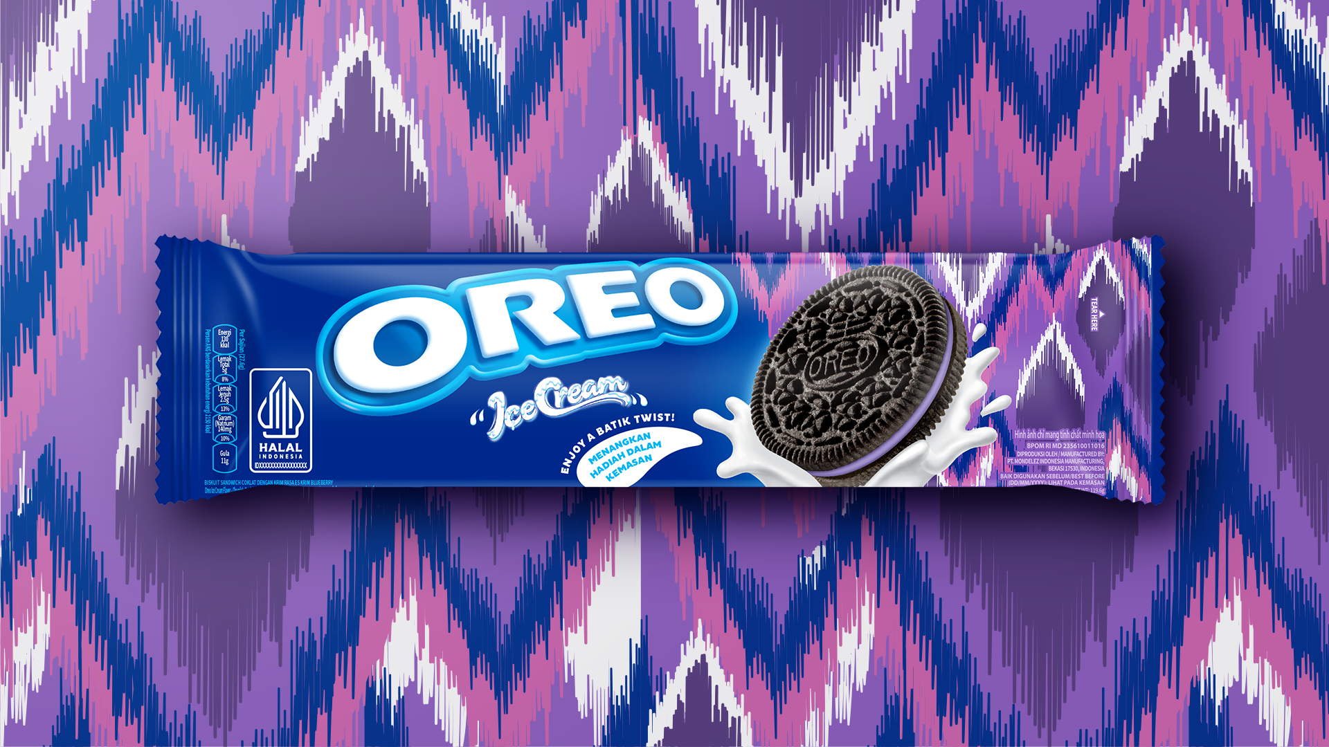 A blueberry flavour Oreo pack on a purple Batik background.