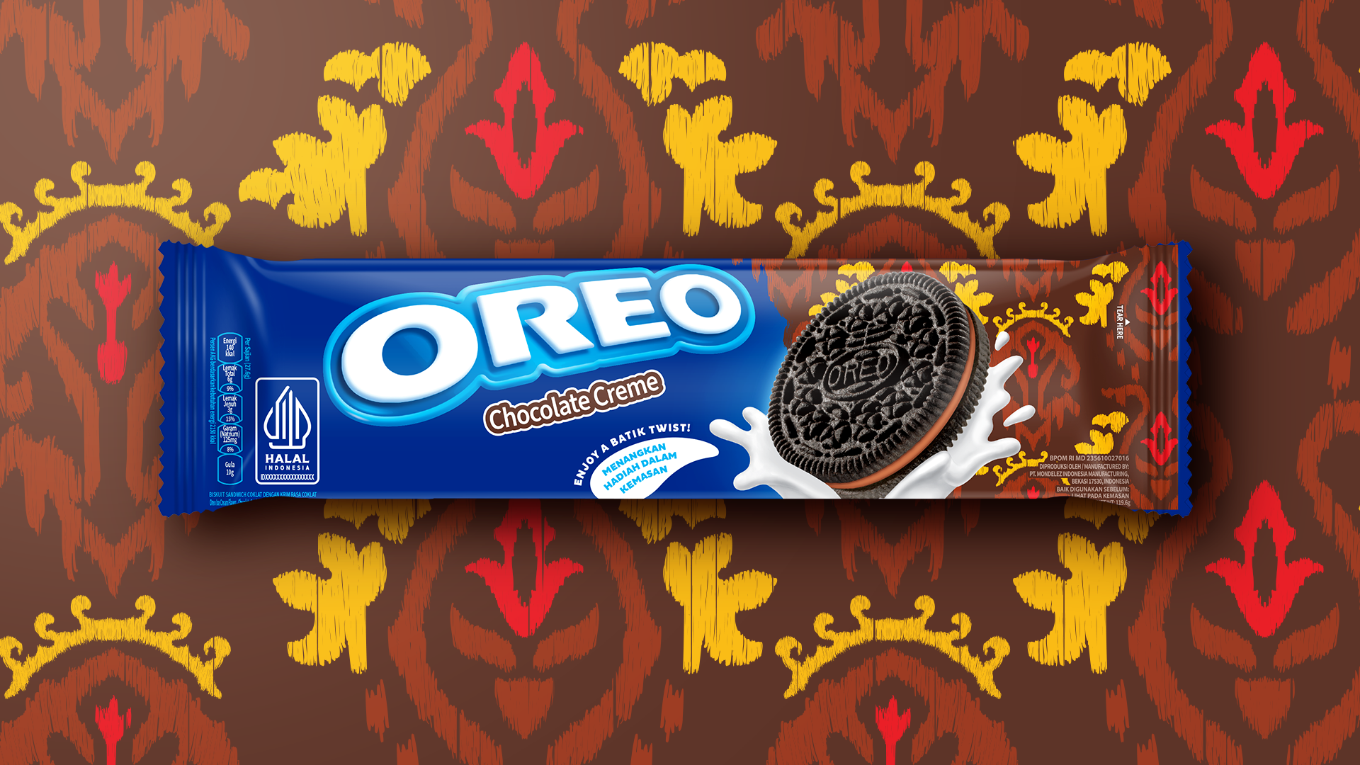 A chocolate flavour Oreo pack on a brown Batik background.