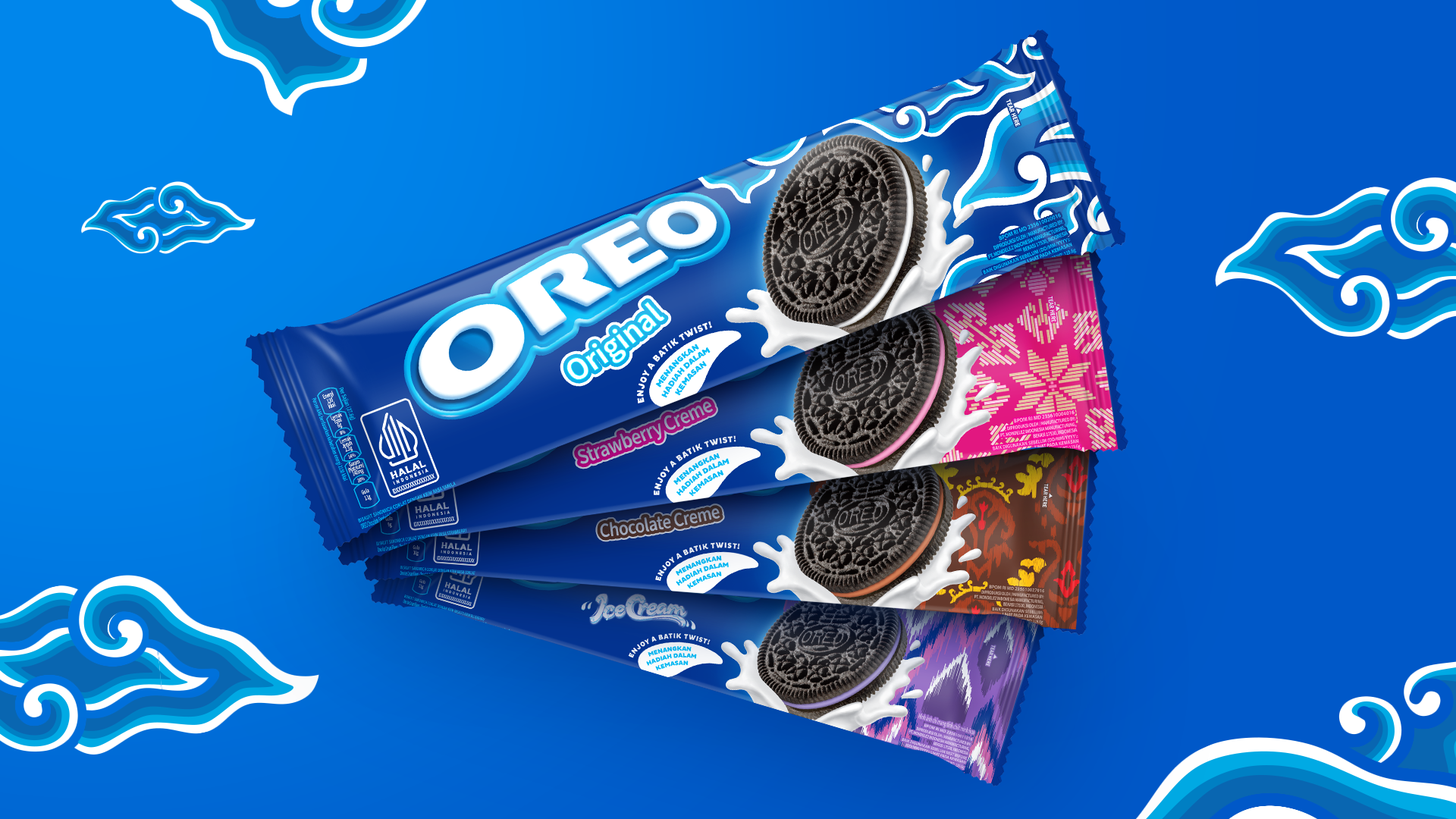 Four Oreo packs floating on a blue Batik background.