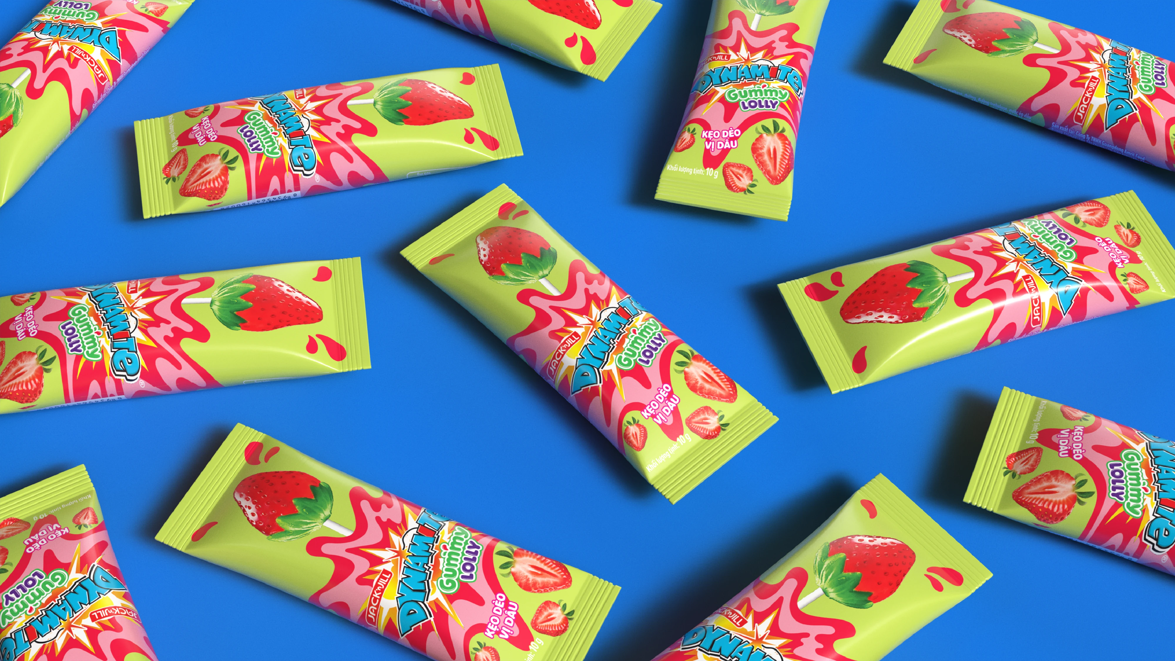 Multiple Dynamite Gummy Lolly candy packages with strawberry illustrations on a blue background.