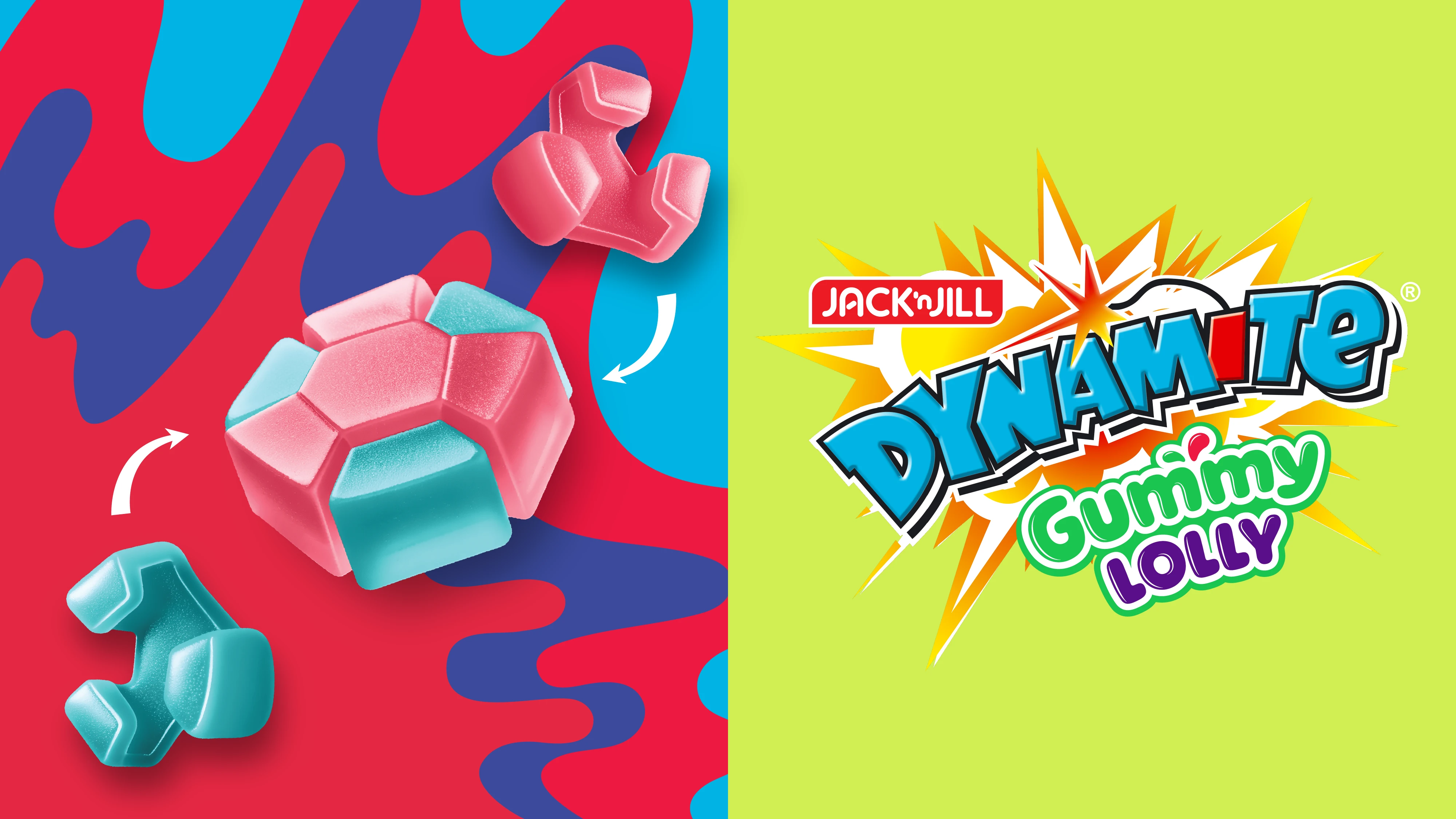 Dynamic 3D red and blue gummy pieces fitting together beside the Jack n Jill Dynamite Gummy Lolly logo on a bright colorful background.
