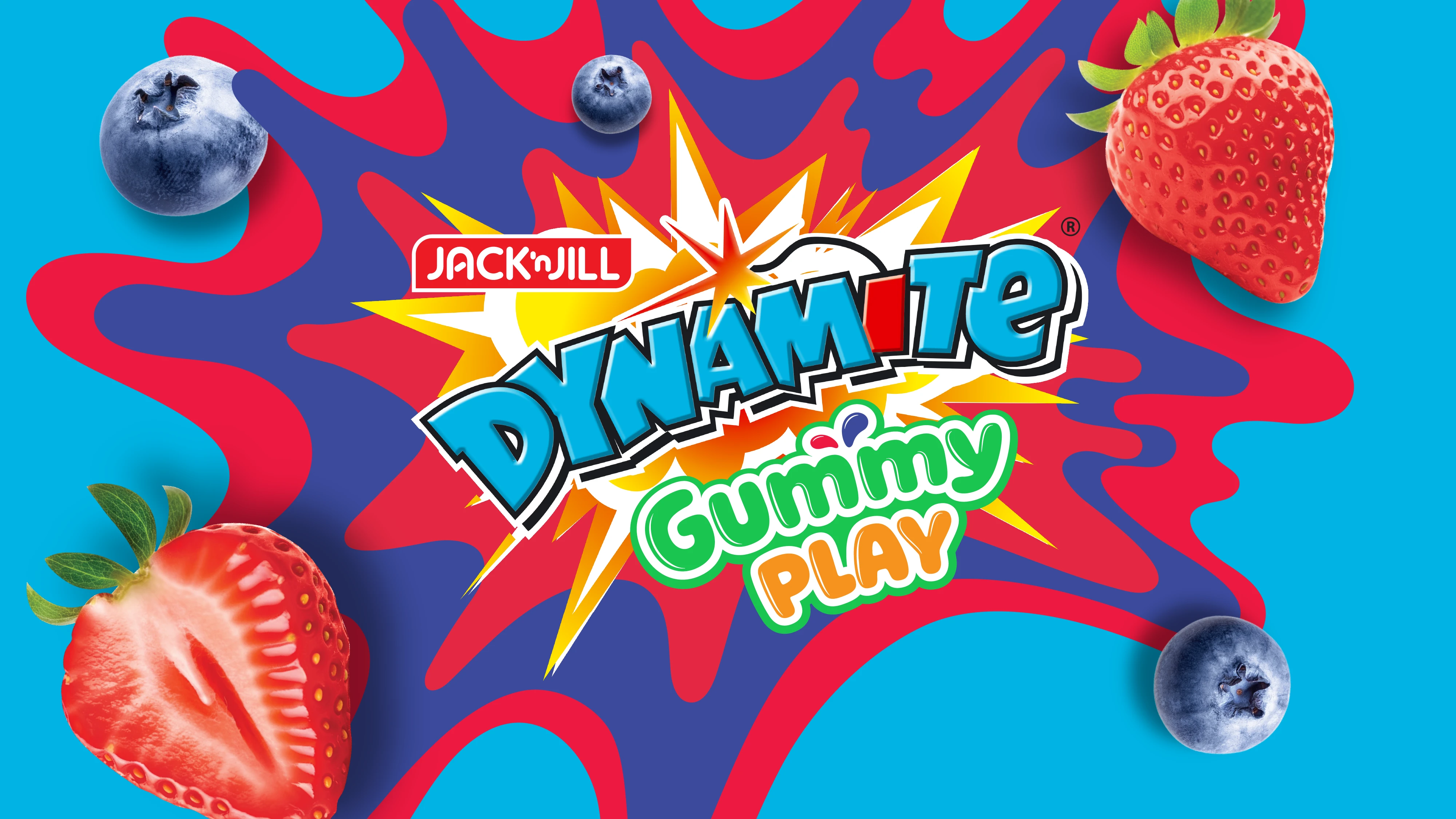 Jack 'n Jill Dynamite Gummy Play logo with blueberries and strawberries on a colorful blue, red, and purple background.