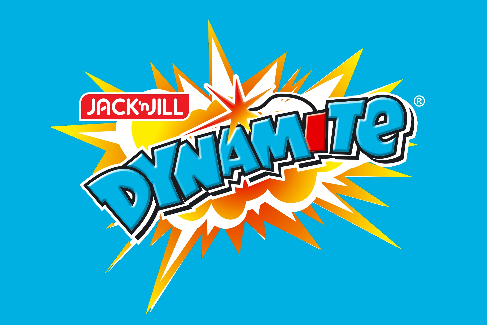 Jack 'n Jill Dynamite logo with blue and red letters on an explosive yellow and orange burst background against a blue backdrop.