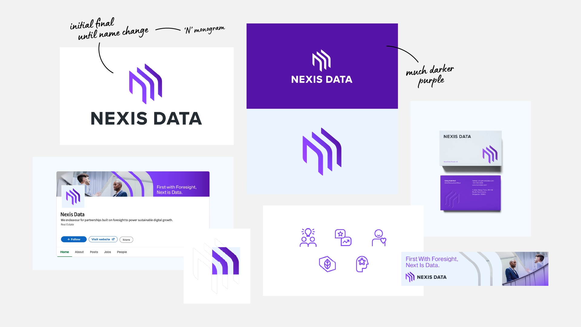 Nexis Data logo variations including a purple 'N' monogram with text, business cards, website header, and icons.