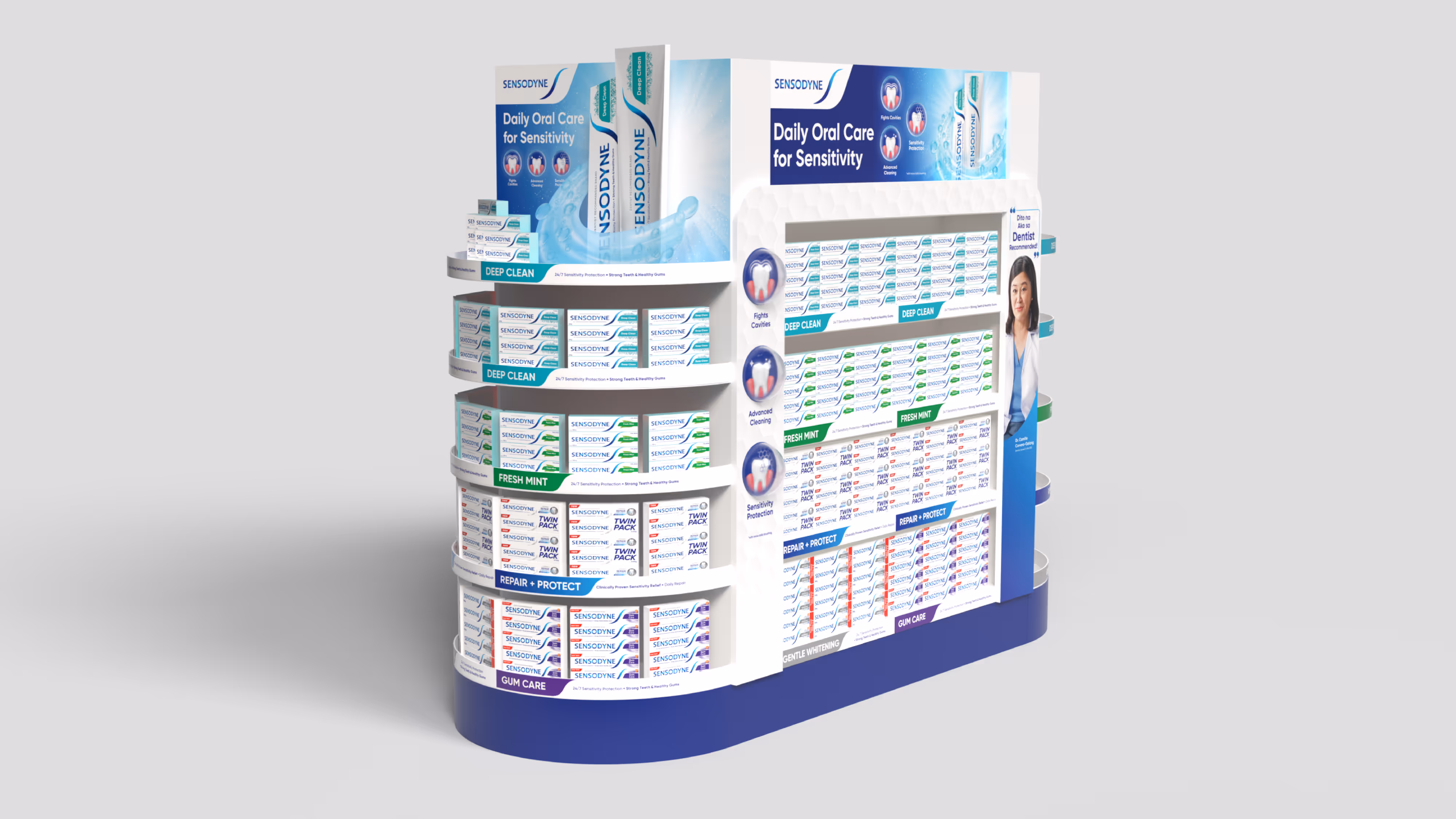 Retail display stand with Sensodyne toothpaste varieties arranged by type including Deep Clean, Fresh Mint, Repair + Protect, and Gum Care.