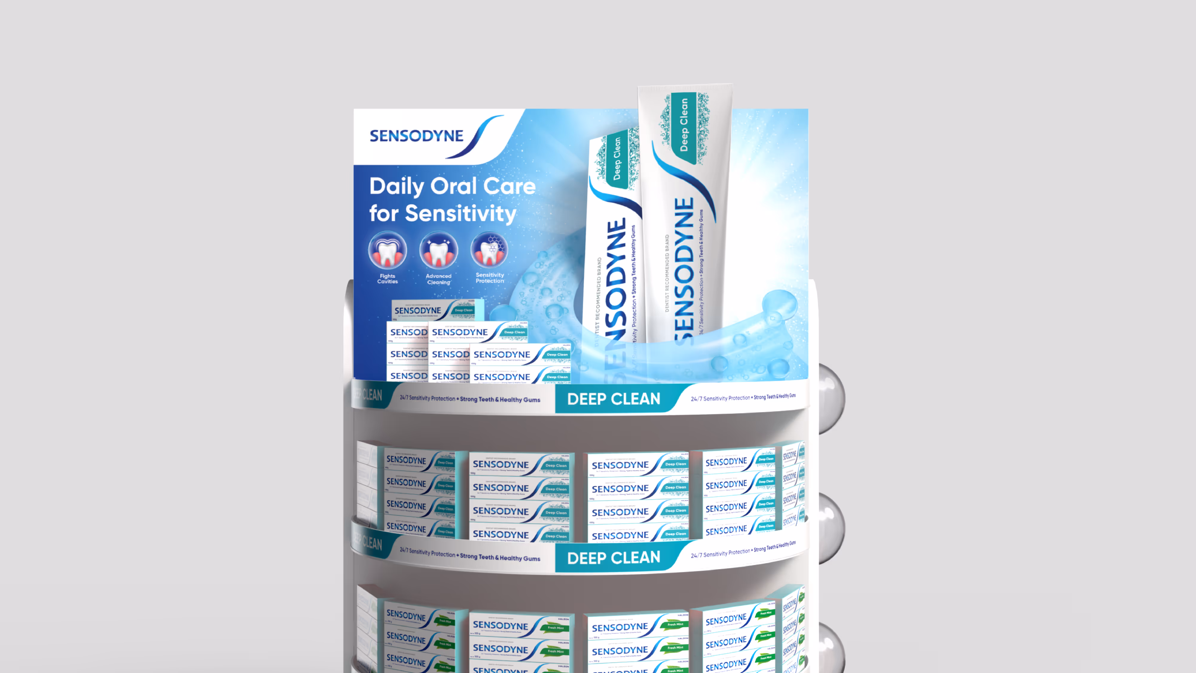 Display shelf with Sensodyne Deep Clean toothpaste boxes and a poster highlighting daily oral care for sensitivity with benefits like fighting cavities, advanced cleaning, and sensitivity protection.