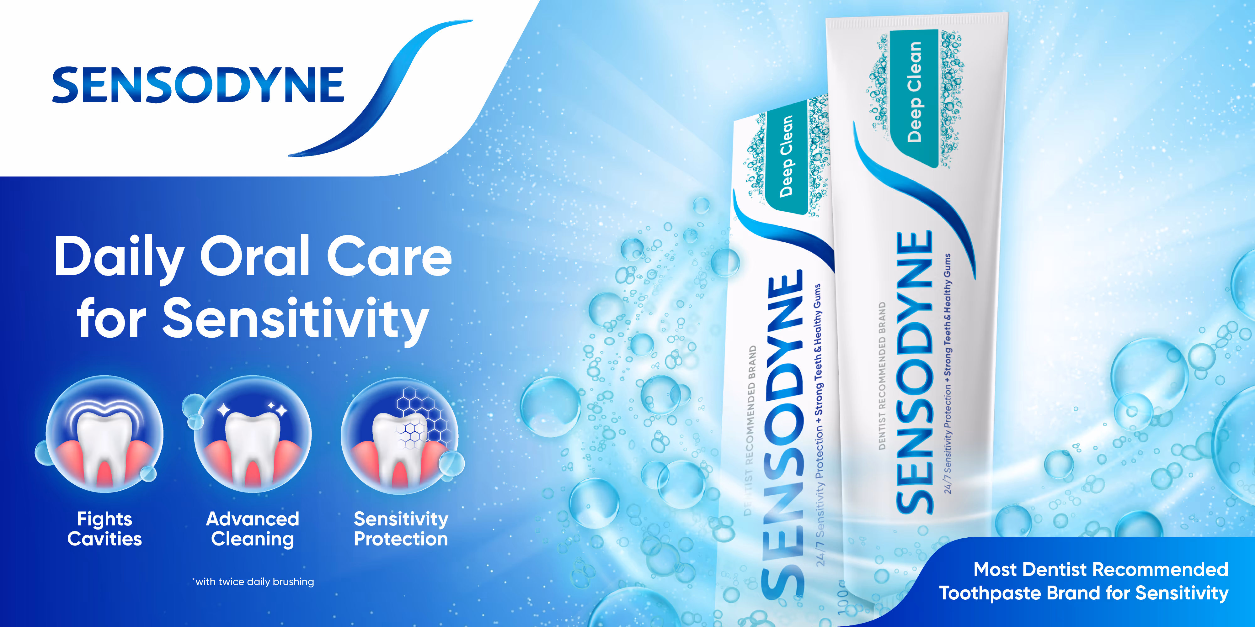 Sensodyne Deep Clean toothpaste with text highlighting daily oral care benefits: fights cavities, advanced cleaning, sensitivity protection.