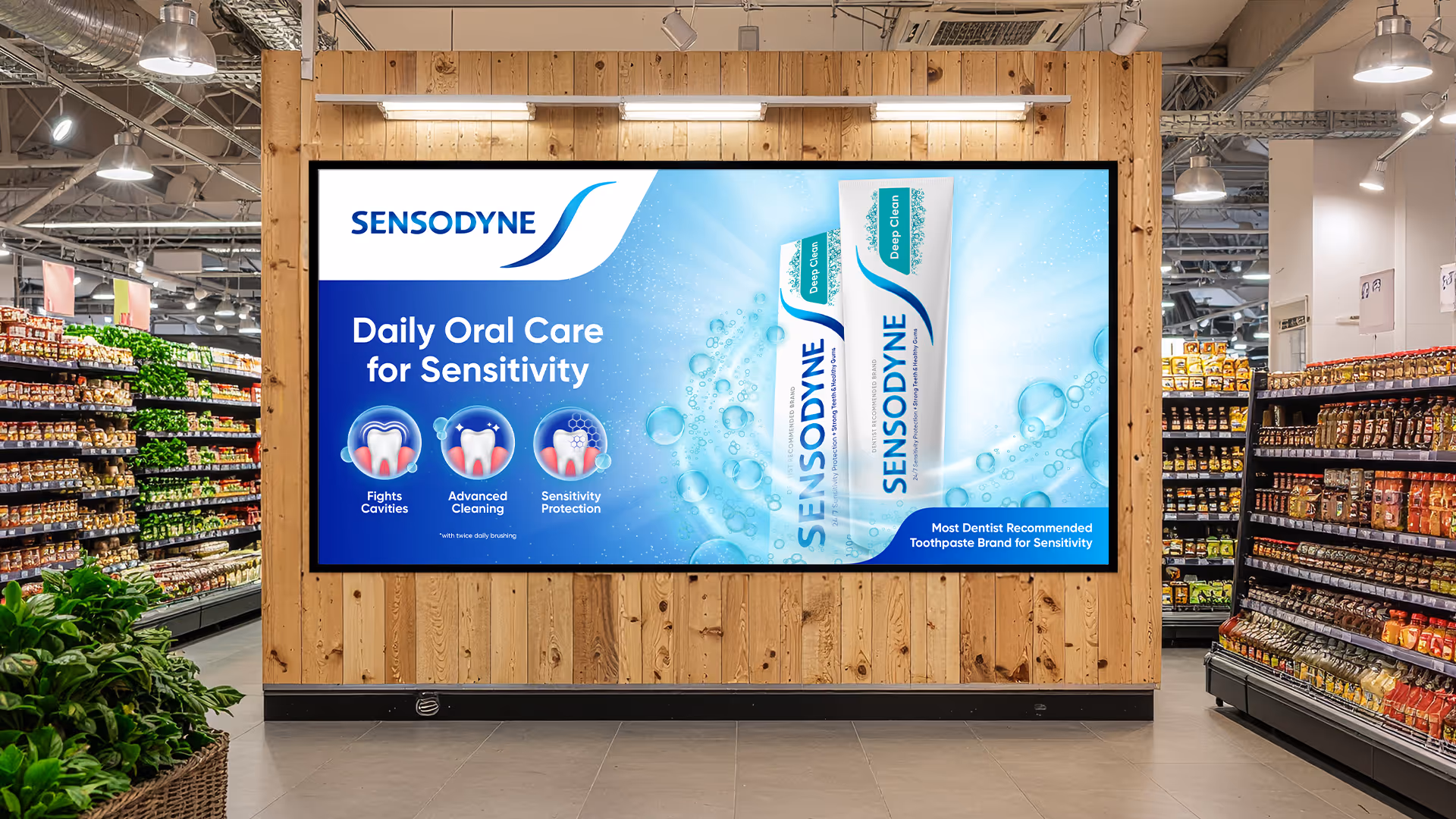 Sensodyne advertisement in a store promoting daily oral care for sensitivity with benefits of fighting cavities, advanced cleaning, and sensitivity protection.