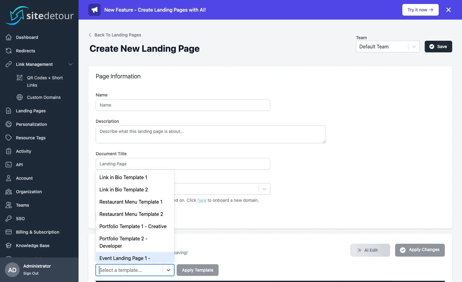 Landing page creation screen