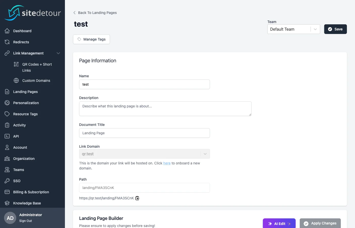 Landing page creation screen