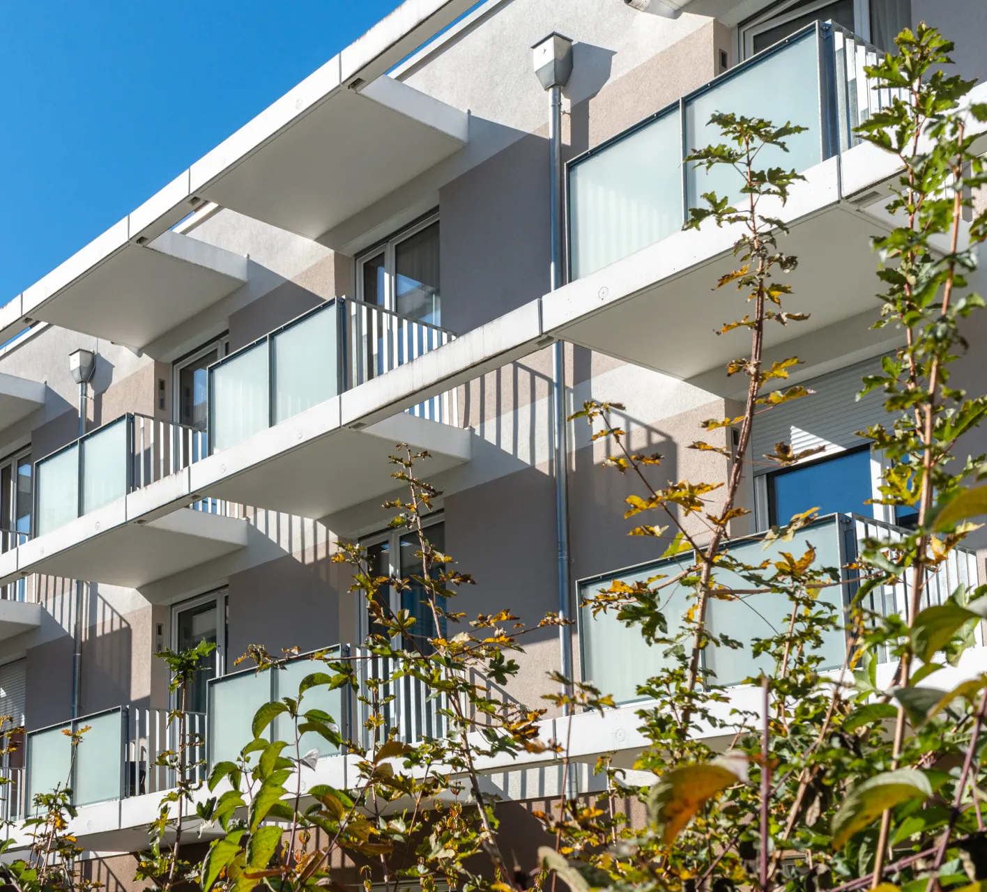 Modern apartment building facade with multiple balconies featuring frosted glass railings and plants in the foreground under a clear blue sky.