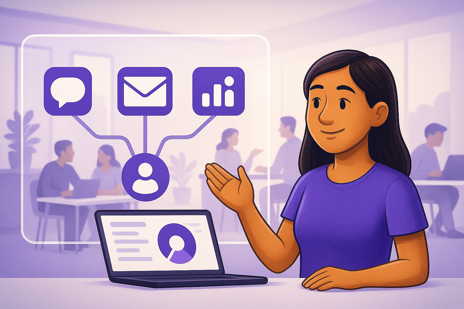 Frau steht im modernen Büro vor einem Dashboard, das Recruiting-Tools zentral verbindet – Symbol für integrierte Bewerbungsprozesse mit Meetovo.