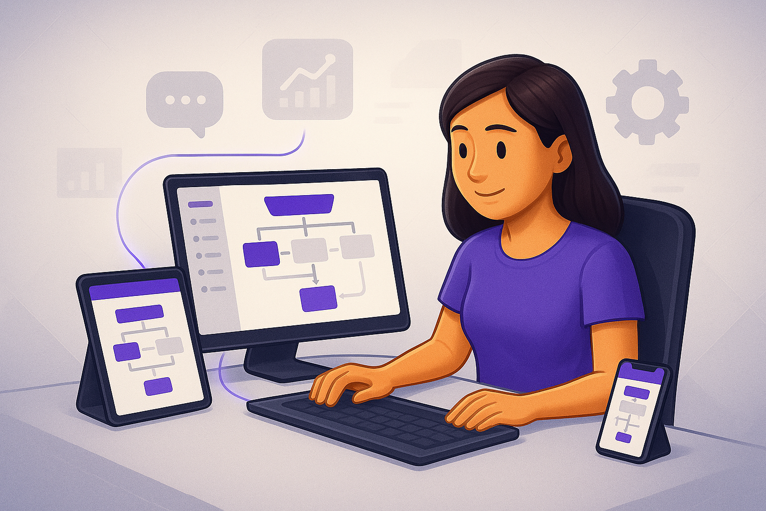Frau arbeitet am Laptop mit einem Funnel-Builder, daneben Tablet und Smartphone mit identischer Oberfläche – Symbol für benutzerfreundliches, responsives Recruiting mit Meetovo.