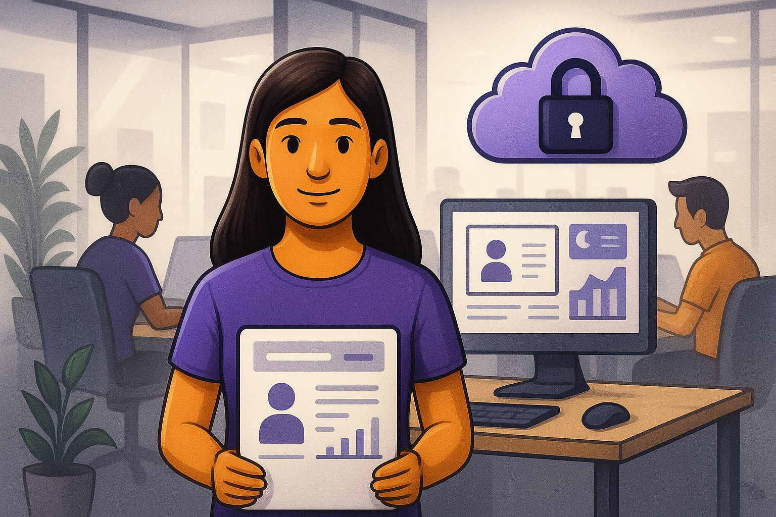 Frau hält ein Bewerberprofil vor einem Computer mit verschlüsselter Cloud im Hintergrund – Symbol für DSGVO-konformes Recruiting und sichere Datenverarbeitung mit Meetovo.