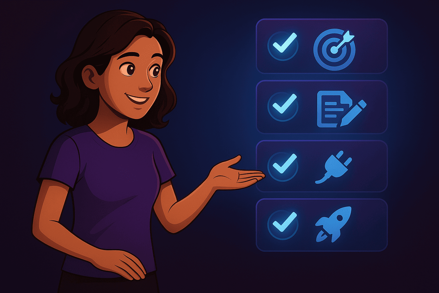 Illustration einer Mitarbeiterin neben fünf schwebenden Symbolen, die die wichtigsten Schritte beim Erstellen eines Verkaufsfunnels darstellen.