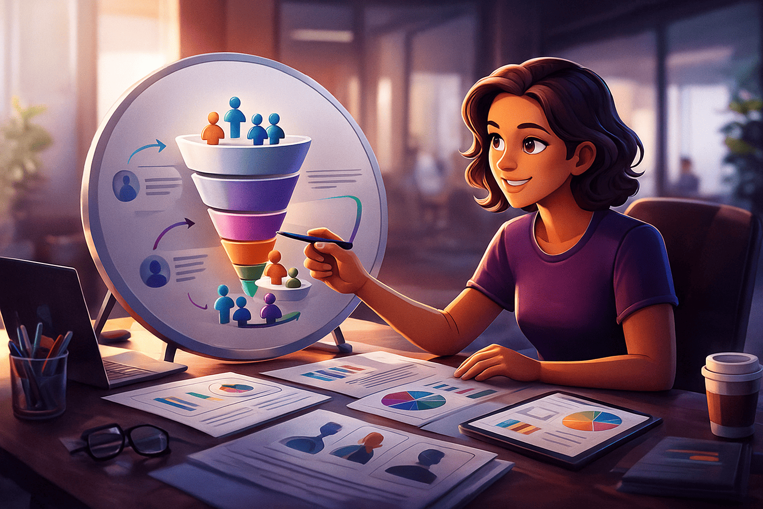 „Junge Frau erklärt an einem Whiteboard einen mehrstufigen Funnel; auf dem Tisch liegen Diagramme, Nutzerprofile und Datenblätter zur Funnel-Analyse.