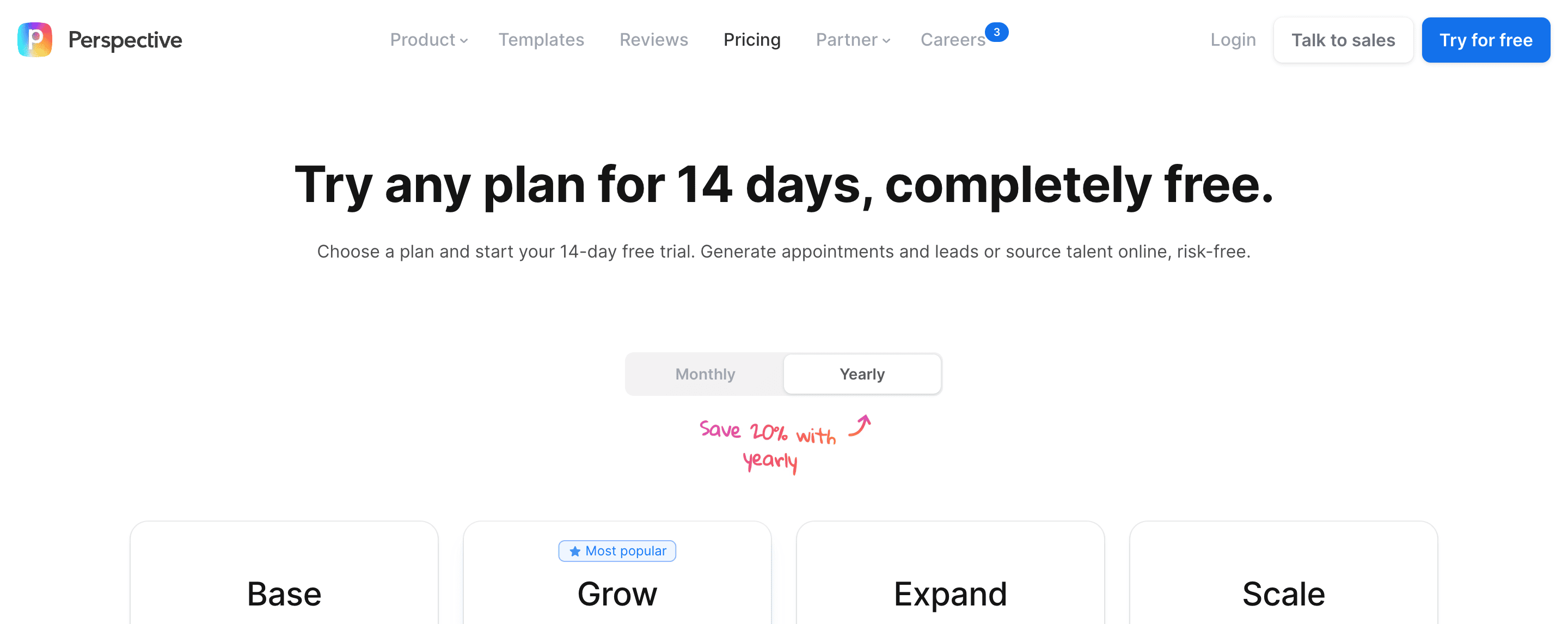 Screenshot der Perspective Pricing Seite mit dem Hinweis auf die 14-tägige kostenlose Testphase und den Umschaltoptionen zwischen Monats- und Jahresplänen.