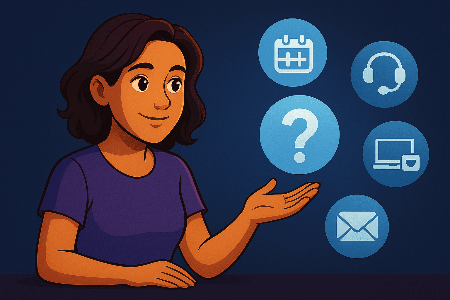 Illustration einer Frau, die auf Symbole für Kalender, Support-Headset, Computer, E-Mail und ein zentrales Fragezeichen zeigt. Visuelle Darstellung von Support- und Servicefunktionen einer SaaS-Plattform.