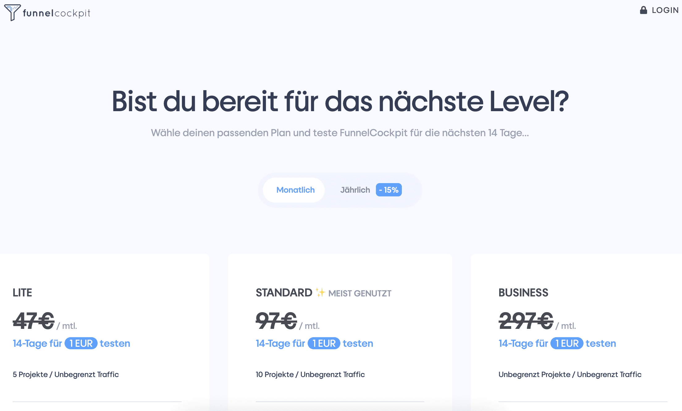 Screenshot der FunnelCockpit-Preisseite mit den drei Tarifen LITE, STANDARD und BUSINESS, inklusive monatlicher Preise, 14-Tage-Testoption und Auswahl zwischen monatlicher und jährlicher Abrechnung.